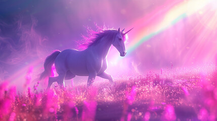 Obraz na płótnie Canvas Adorable unicorn in blossoming field, fairytale atmosphere