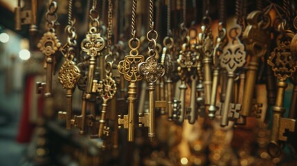 A collection of ornate antique keys displayed at a vintage market, representing history and mystery.