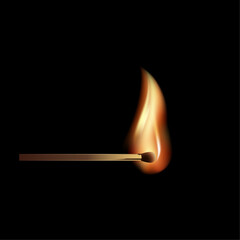 vector with a burning match. realistic wooden match burns on black background