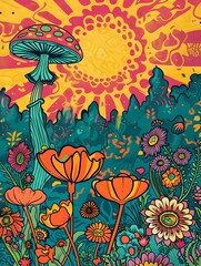 Fototapeta na wymiar bright groovy posters 70s. Retro poster with psychedelic landscapes with flowers and mushrooms, vintage prints with grunge texture 