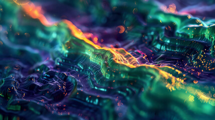 A vivid digital landscape with neon colors and dynamic waves