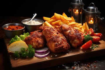 Close-up of a crispy chicken meal and fried on the wooden board in the dark, generative IA