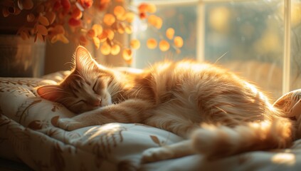 A light-furred cat enjoys a peaceful nap on patterned bedding in a sunny room filled with a soft, golden light