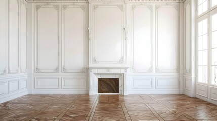 Cozy posh luxurious interior design of room without furniture with wooden classic parquet floor, tall ceiling, french windows, fireplace, white panel walls, parisian look. Background  - obrazy, fototapety, plakaty