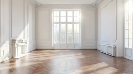 Fototapeta premium Cozy posh luxurious interior design of room without furniture with wooden classic parquet floor, tall ceiling, french windows, fireplace, white panel walls, parisian look. Background 
