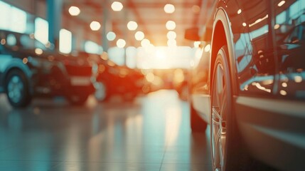 The golden sunset reflects off the surfaces of cars in a dealership showroom, evoking a warm, inviting atmosphere.