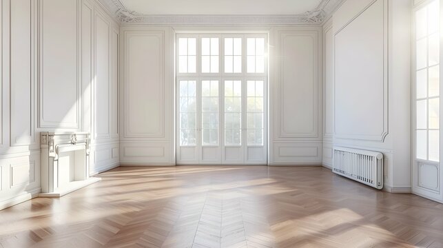 Cozy posh luxurious interior design of room without furniture with wooden classic parquet floor, tall ceiling, french windows, fireplace, white panel walls, parisian look. Background 