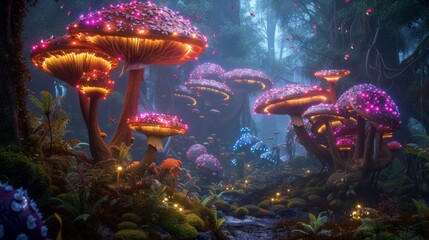 An enchanting forest setting filled with vibrant mushrooms, twinkling lights, and tiny fairy creatures, capturing the essence of a magical adventure - obrazy, fototapety, plakaty