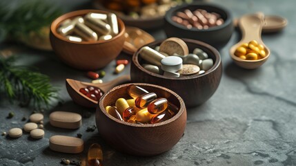 An assortment of health and beauty dietary supplements like collagen, vitamins, biotin, and protein, presented in wooden bowls on a dark background - Powered by Adobe