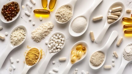 A collection of dietary supplements designed to support both health and beauty needs, featuring collagen, vitamins, biotin, and protein, on a white background