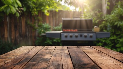 A backyard barbecue grill set against a backdrop of lush greenery, with an empty wooden table in the foreground. Mockup with space for setting up utensils, condiments and food items for a BBQ feast