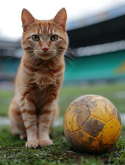 Ginger cat curiously observes a weathered yellow soccer ball on the green field during an overcast day at a sports stadium