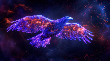 Magical violet blue eagle in flight, symbol of power and freedom