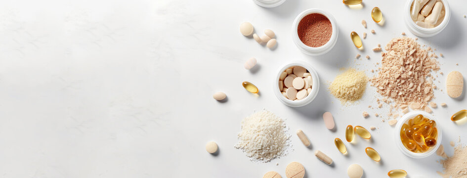 A banner with dietary supplements for health and beauty purposes, including collagen, vitamins, biotin, and protein, on a white background, with copy-space