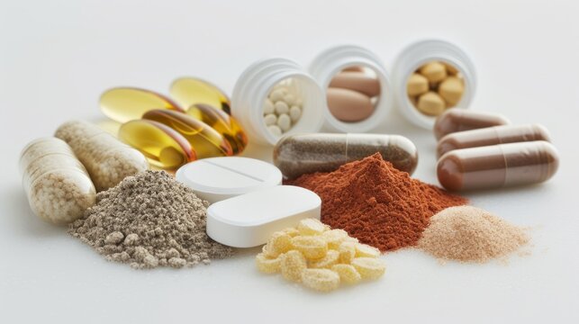 Close-up various dietary supplements for health and beauty, like collagen, vitamins, biotin, and protein, in pill and powder forms, on a white background