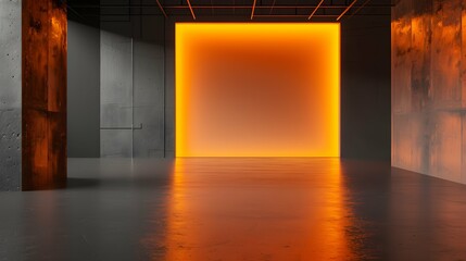 Empty dark hall background, futuristic minimalist interior of concrete room with orange light....