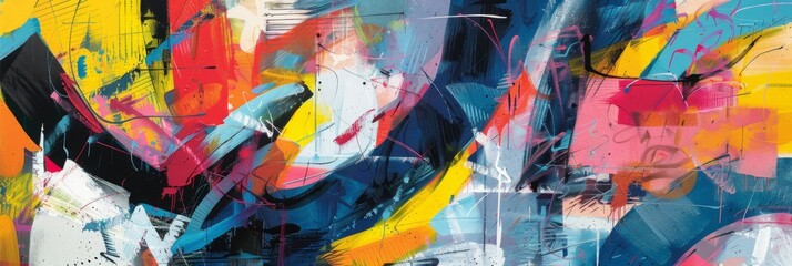 Dynamic abstract painting with vivid colors - Energizing abstract painting showcasing a mixture of bright colors and chaotic brush strokes