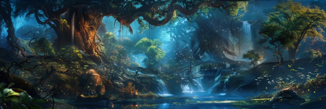 Enchanted forest scenery with waterfalls - This image captures a magical forest landscape with glowing trees, serene waterfalls, and mystical creatures flying around