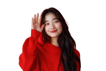 Radiant Young Asian Woman in Red Sweater Waving Hand Transparent PNG