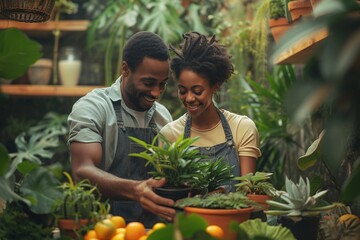 Obraz premium A happy couple shares a moment of joy while caring for plants in a greenhouse
