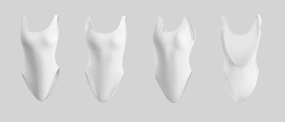 White sports swimsuit mockup 3D rendering, fashion bodyless monokini set, for design, branding, pattern, front, back view. - obrazy, fototapety, plakaty
