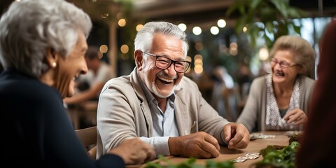 Elderly friends enjoying card games and laughter in retirement home setting. Concept Elderly, Friends, Card Games, Laughter, Retirement Home - obrazy, fototapety, plakaty