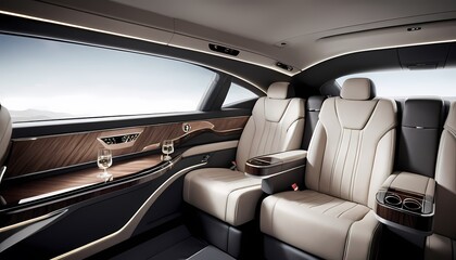 Generative AI. The image shows the interior of a luxury car. The car has a beige leather interior and a wood-trimmed dashboard. The image is taken from the perspective of the rear seat.
