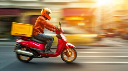 A delivery worker in an orange helmet rides a red scooter, swiftly navigating the city traffic.