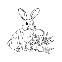 A hare sits near an Easter cake and eggs in flowers. Coloring book, black and white illustration for Easter card