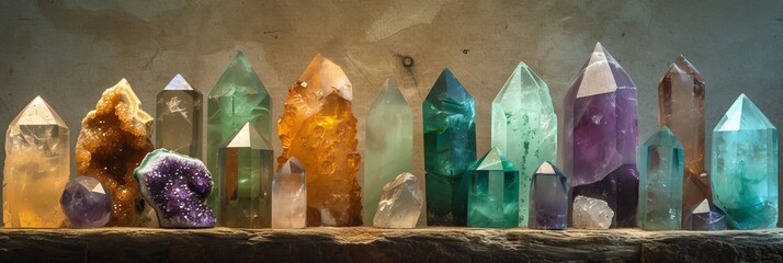 Various types of crystals minerals towers, smoky quarts and amethyst, emerald and fire quartz, aragonite - obrazy, fototapety, plakaty