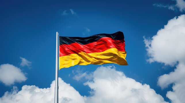 Waving flag of Germany high in the blue sky on sunny day on German Unity Day or Tag der Deutschen Einheit on october 3rd