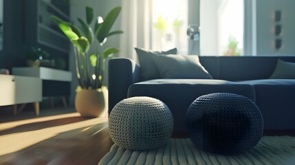 Modern living room. Two knitted pouffes near a dark blue corner sofa. Scandinavian home interior design modern living room - obrazy, fototapety, plakaty