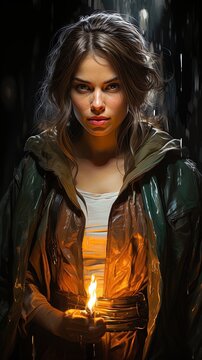 young woman covered in a hooded cloak and holding a lamp on a rainy night
