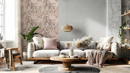 modern living room, plants pattern in danish pastel decor wallart style