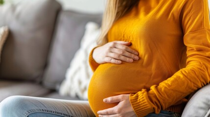 Expectant mother in a cozy home setting gently cradling her belly, radiating warmth and maternal love.