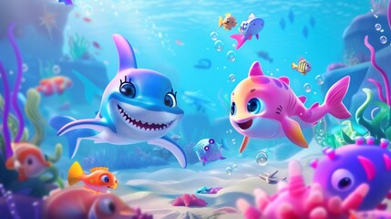 A vibrant underwater adventure featuring cute 3D cartoon sea creatures like mermaids, friendly sharks, and colorful fish