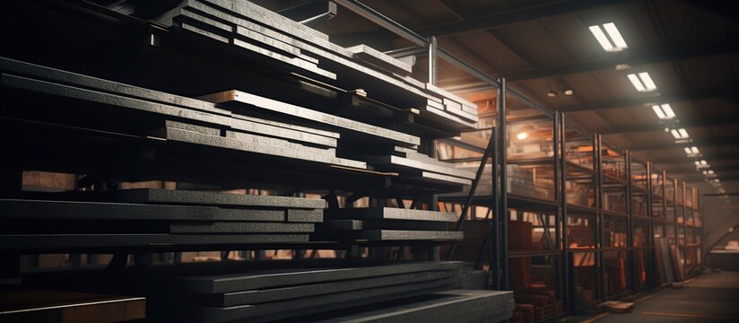 Metal material or steel, beam, pipe and steel plate on rack in the industrial warehouse.