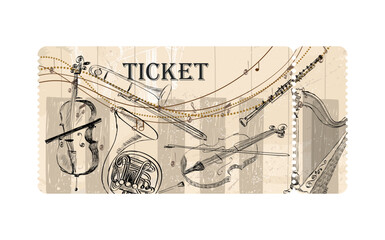 Vector musical concert ticket template.