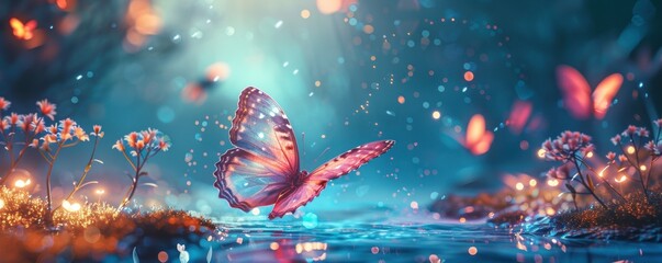 Watercolor century journey through a 3D world with robotic underwater scenes and butterflies near an aurora