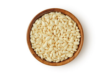 Puffed rice in wooden bowl on white background