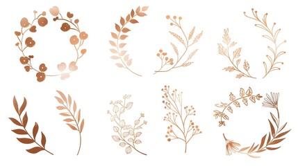 Set of floral watercolor logo elements. Wreath borders dividers, frame corners and minimalist flowers branch. Hand drawn line wedding herb, elegant leaves for invitation save the date card. Botanical.