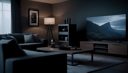 Generative AI. A dimly lit living room with a TV, coffee table, sofa, and lamp. A couple is watching TV. The room is decorated in a modern style with dark walls and furniture.
