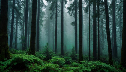 A dense forest with towering fir trees, their deep green leaves enshrouded in a mysterious fog and amidst the mist, hints of emerald hues dance, creating an enchanting atmosphere