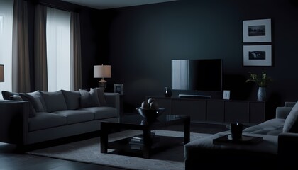 Generative AI. A dimly lit living room with a TV, coffee table, sofa, and lamp. A couple is watching TV. The room is decorated in a modern style with dark walls and furniture.