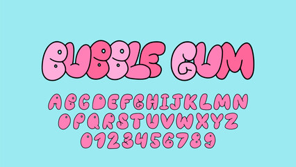 Playful pink bubble font inspired by 90s and Y2K themes. Puffy cartoon letters perfect for trendy and fun designs. Includes uppercase letters, numbers, and symbols. - obrazy, fototapety, plakaty