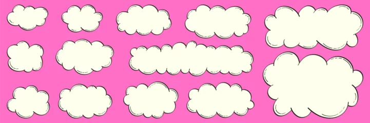 Möbelaufkleber Set of white cartoon clouds in retro linear style. Vector doodles with place for text, hand drawn for banners, posters in comic style. © Яна 