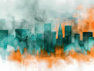 Spectacular watercolor painting of an abstract urban, cityscape, skyscraper scene in orange and teal, grayish smog. Double exposure building