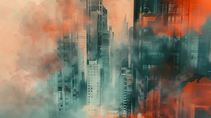 Foto auf gebürstetem Alu-Dibond Aquarellmalerei Wolkenkratzer Spectacular watercolor painting of an abstract urban, cityscape, skyscraper scene in orange and teal, grayish smog. Double exposure building