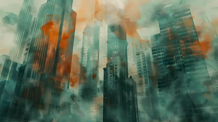 Foto auf gebürstetem Alu-Dibond Aquarellmalerei Wolkenkratzer Spectacular watercolor painting of an abstract urban, cityscape, skyscraper scene in orange and teal, grayish smog. Double exposure building