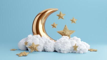 Dreamy scene with a golden crescent moon and glittering stars resting on fluffy clouds against a soft blue sky. - Powered by Adobe